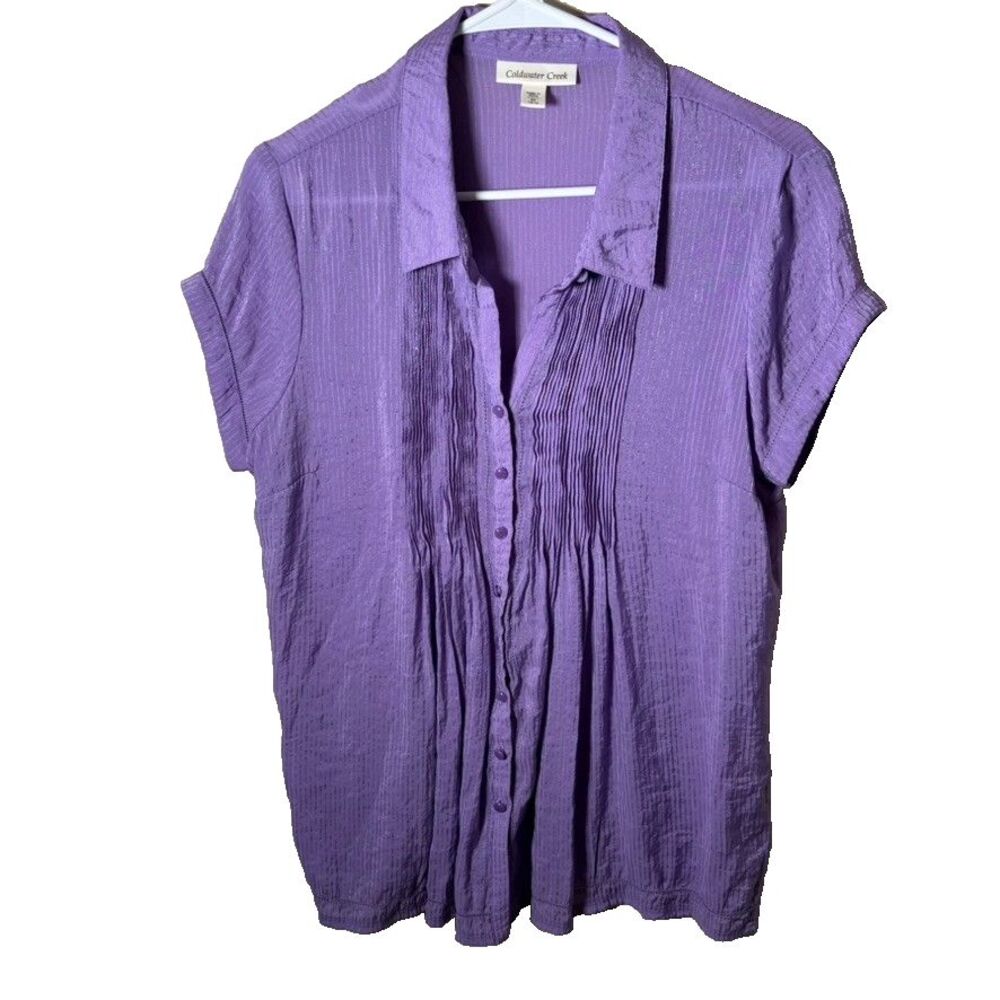 Coldwater Creek Shirt Women's Medium Purple Sheer Pleated Button Up Collared